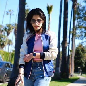 Zara Blue and Cream Women's Bomber Jacket